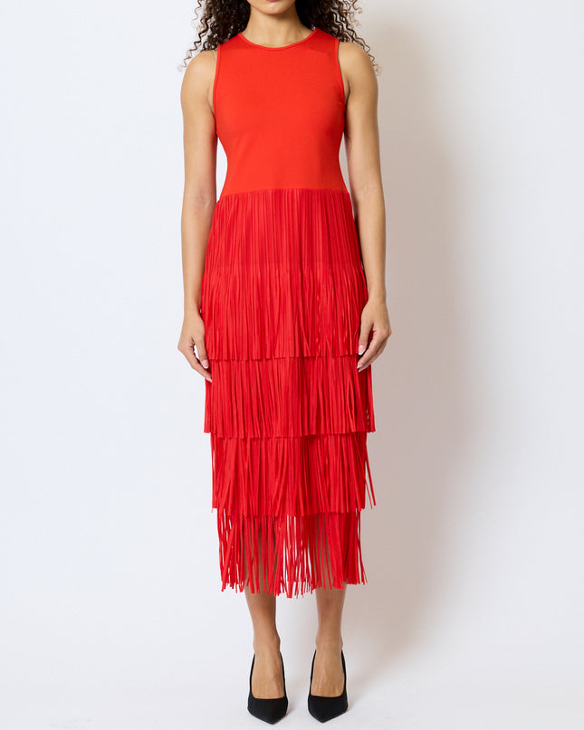 French Connection Hilde Jersey Mix Fringe Dress - Rouge Red