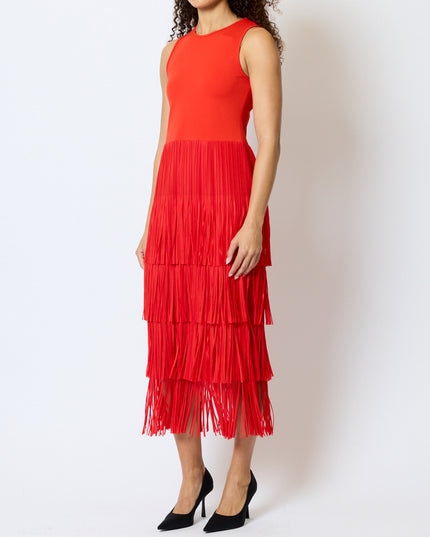 French Connection Hilde Jersey Mix Fringe Dress - Rouge Red