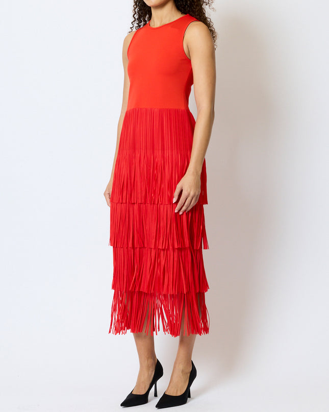 French Connection Hilde Jersey Mix Fringe Dress - Rouge Red