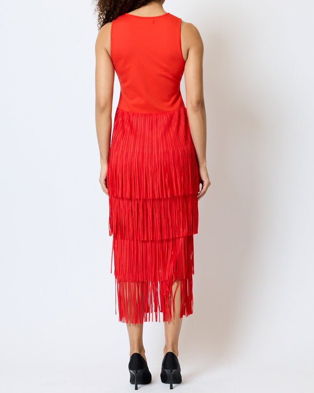 French Connection Hilde Jersey Mix Fringe Dress - Rouge Red