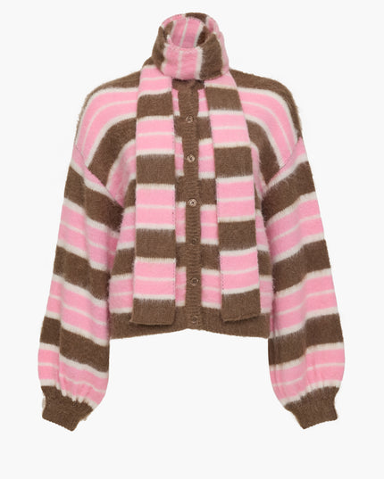 French Connection Jessika Stripe Cardigan with Scarf - Mink Brown/Pink