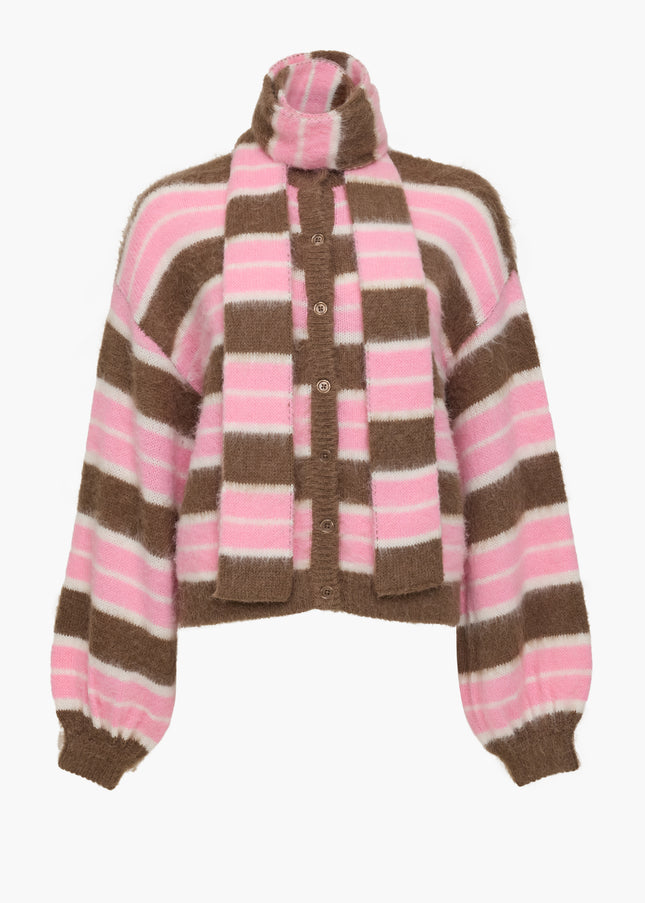 French Connection Jessika Stripe Cardigan with Scarf - Mink Brown/Pink