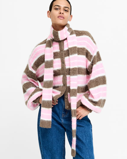 French Connection Jessika Stripe Cardigan with Scarf - Mink Brown/Pink