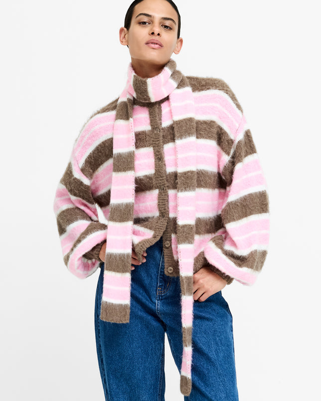 French Connection Jessika Stripe Cardigan with Scarf - Mink Brown/Pink