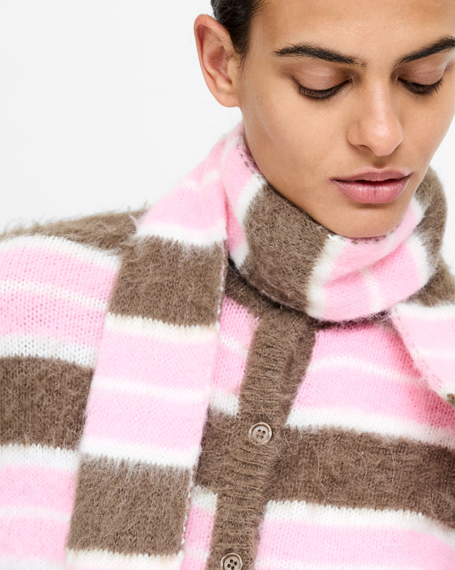 French Connection Jessika Stripe Cardigan with Scarf - Mink Brown/Pink