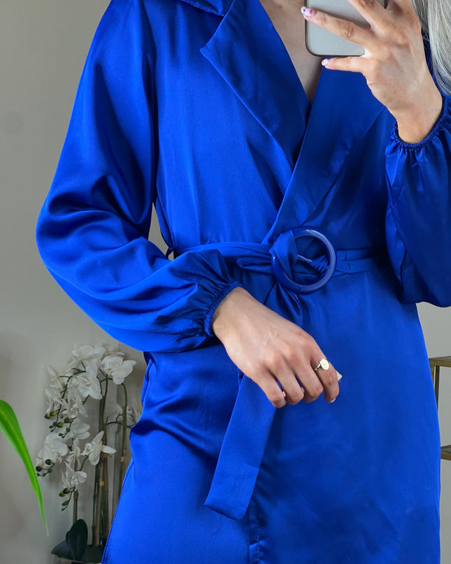 Maisie Satin Dress with Belt - Blue