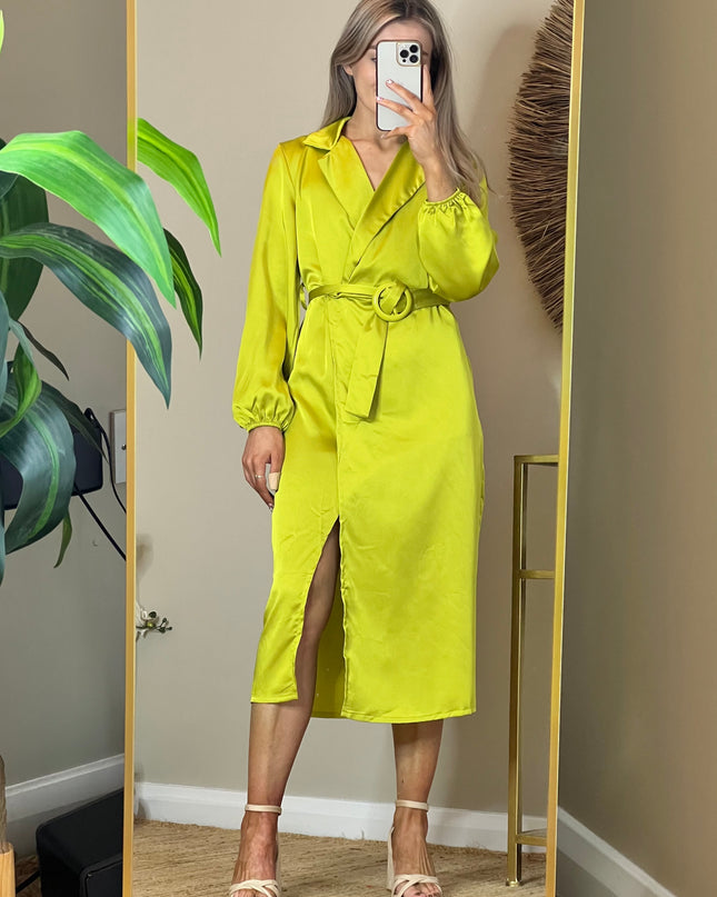 Maisie Satin Dress with Belt - Lime Green