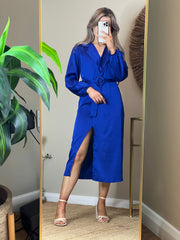 Maisie Satin Dress with Belt - Blue