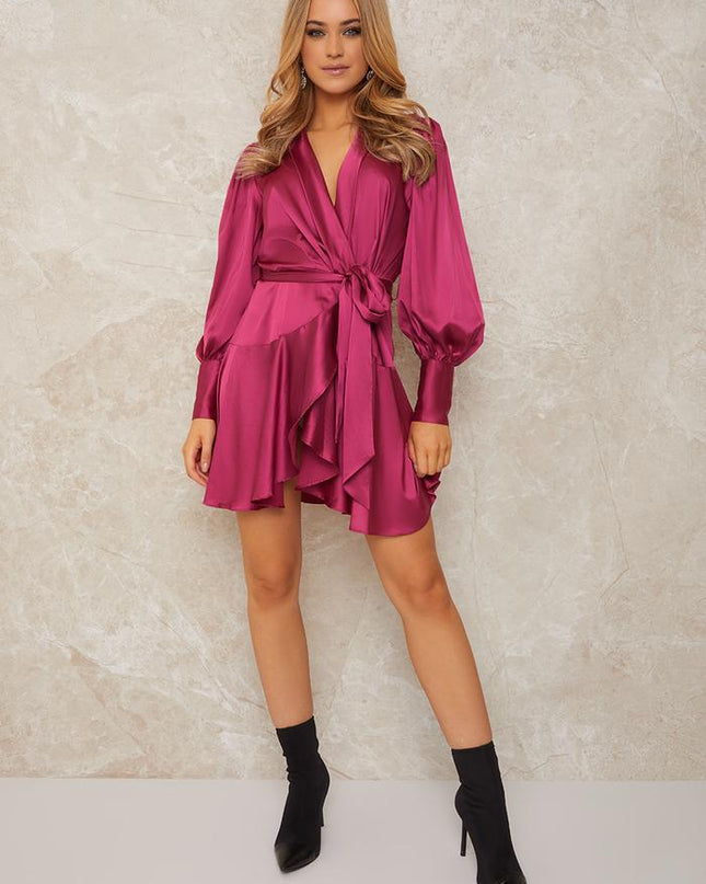 Long Sleeve Wrap Midi Dress - Fuschia