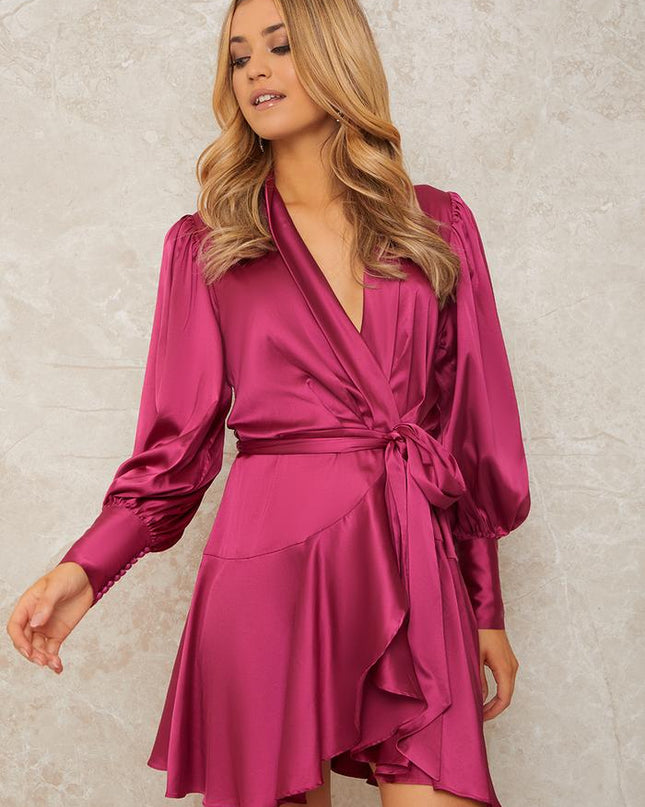 Long Sleeve Wrap Midi Dress - Fuschia