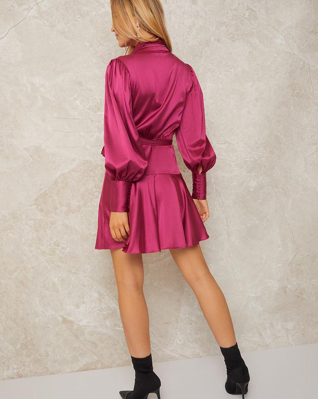 Long Sleeve Wrap Midi Dress - Fuschia