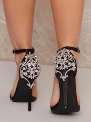 Strappy Heels with Sequin Design - Black