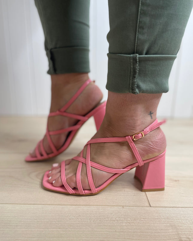 Pink Strappy Block Heels