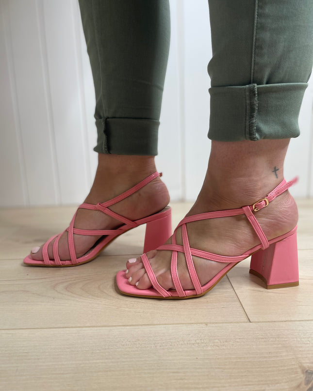 Pink Strappy Block Heels