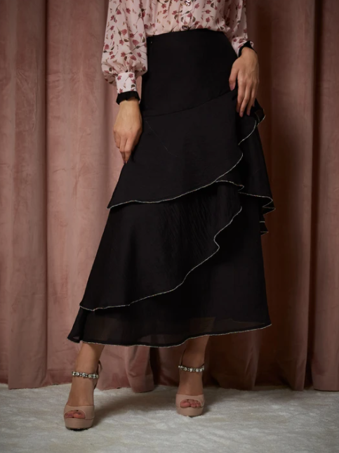 Spiral Gem Tiered Midi Skirt - Black