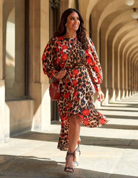 Red Leopard Floral Print Long Sleeve Asymmetric Midi Dress