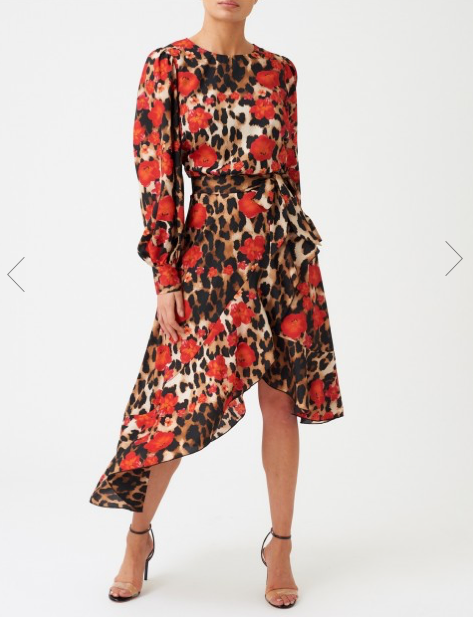 Red Leopard Floral Print Long Sleeve Asymmetric Midi Dress