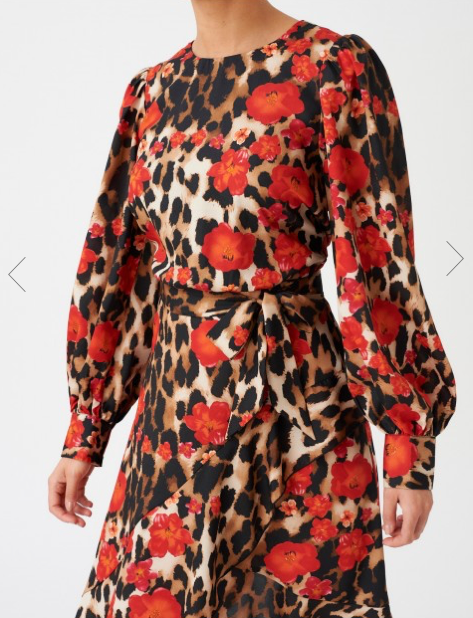 Red Leopard Floral Print Long Sleeve Asymmetric Midi Dress