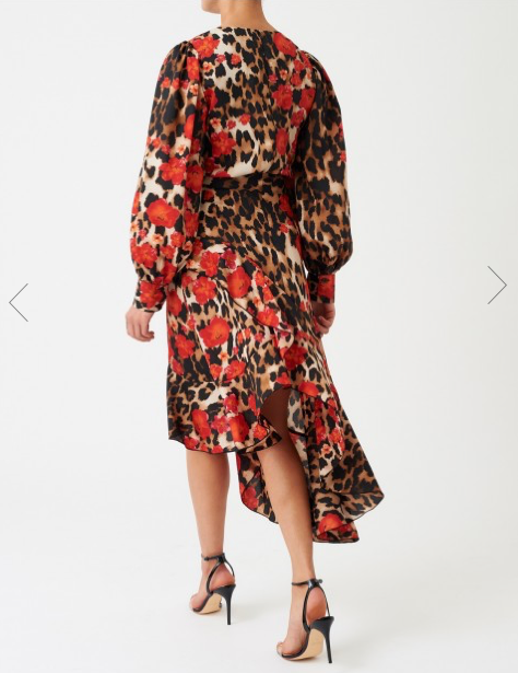 Red Leopard Floral Print Long Sleeve Asymmetric Midi Dress