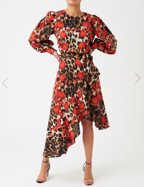 Red Leopard Floral Print Long Sleeve Asymmetric Midi Dress