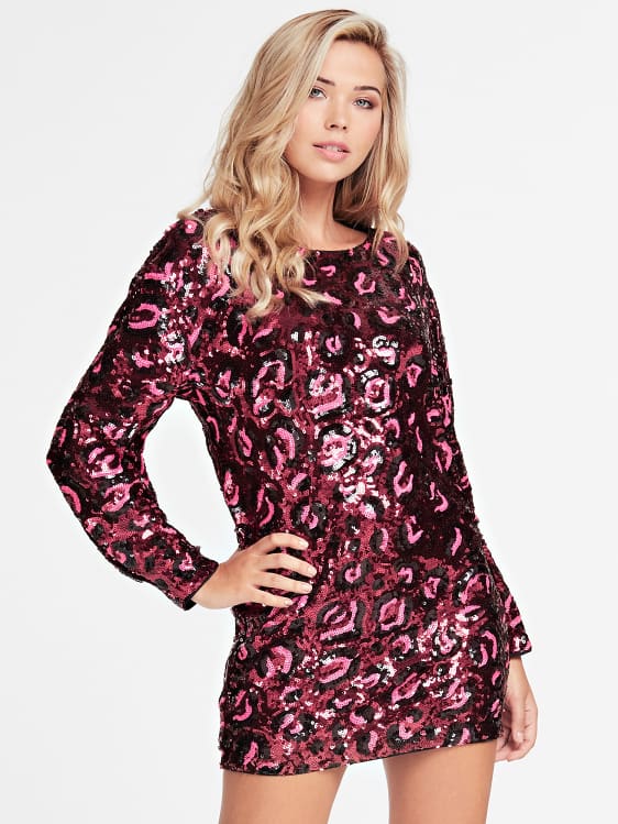 Guess Kalila Dress - Leopard Sequins Burgundy
